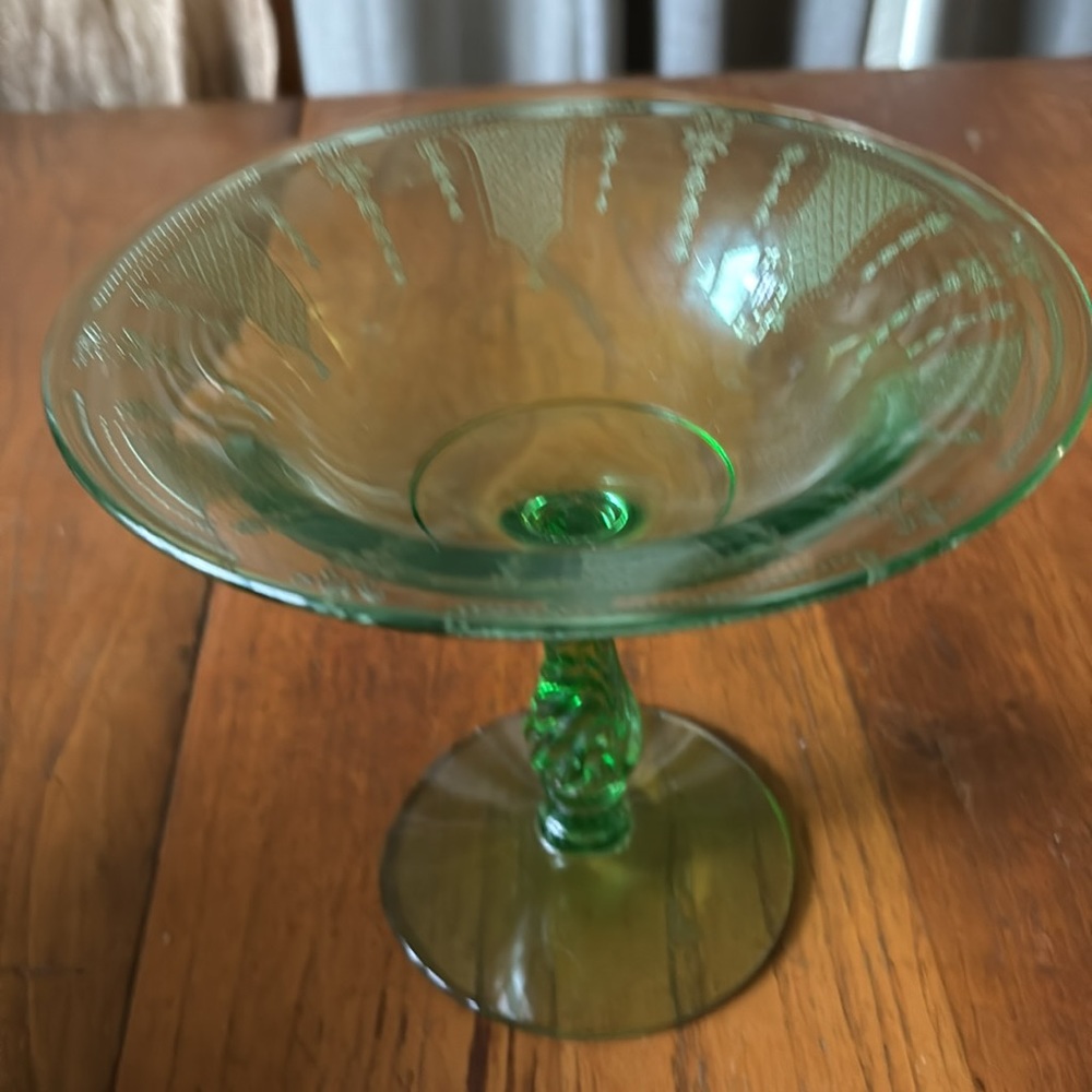 Vintage etched green uranium glass pedestal compote with swirl stem base